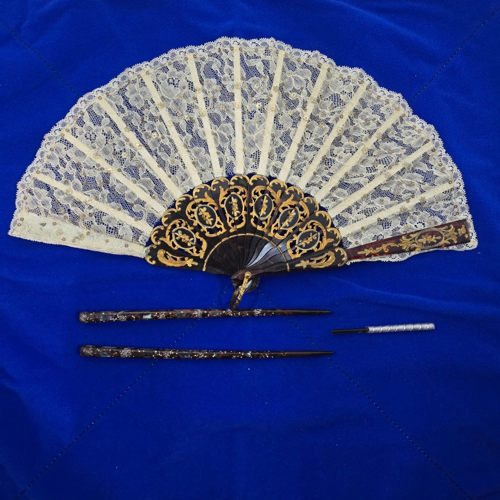 Vintage Lace Folding Hand Fan Abalone Hair Sticks Set with Decorative Box